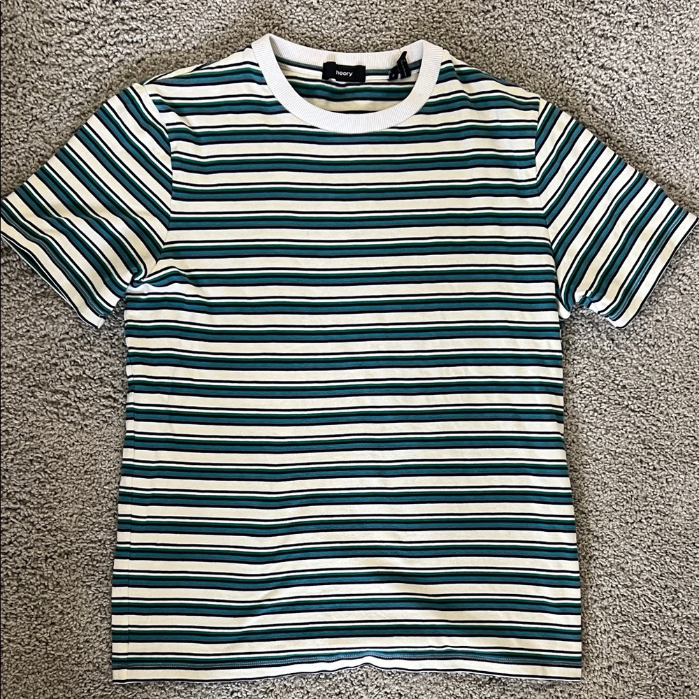 Theory Green and White Striped Tee